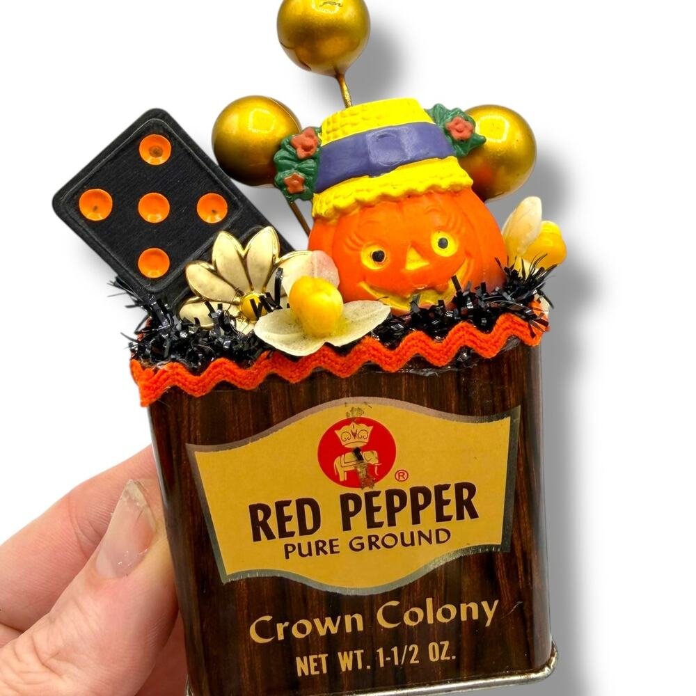 Vintage Halloween Pumpkin Spice Tin Assemblage Hallmark Merry Miniature